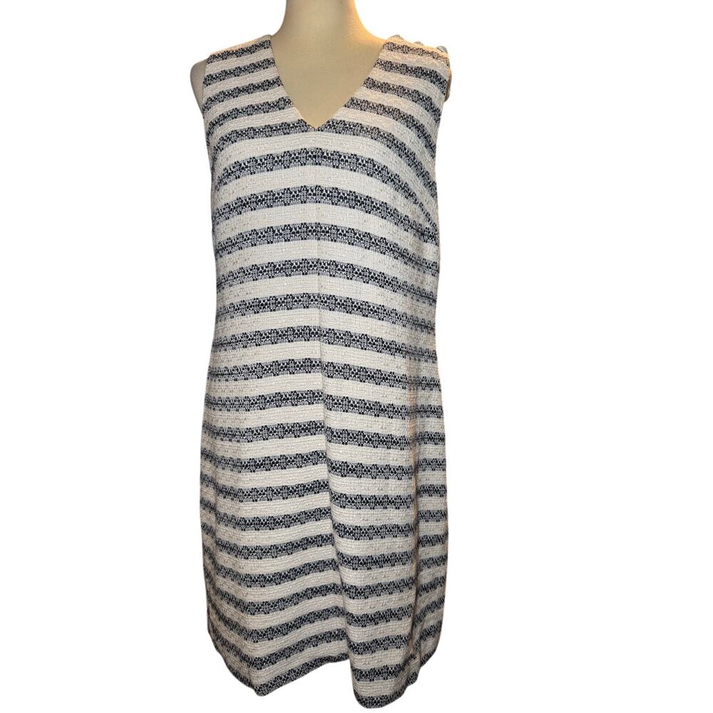 J.Crew Textured Navy Stripe Shift Dress, Crest Button Nautical Boucle, Size 12